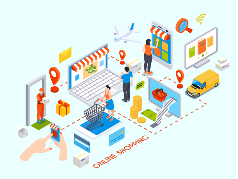 Online shopping design concept with purchase items credit cards delivery courier