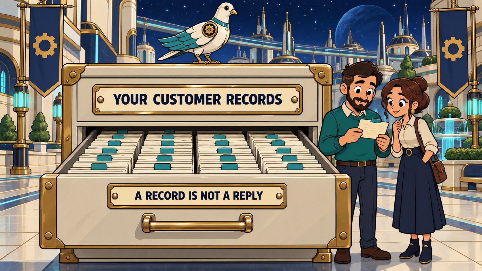 A filing drawer of customer records with one card held up: a record is not a reply.