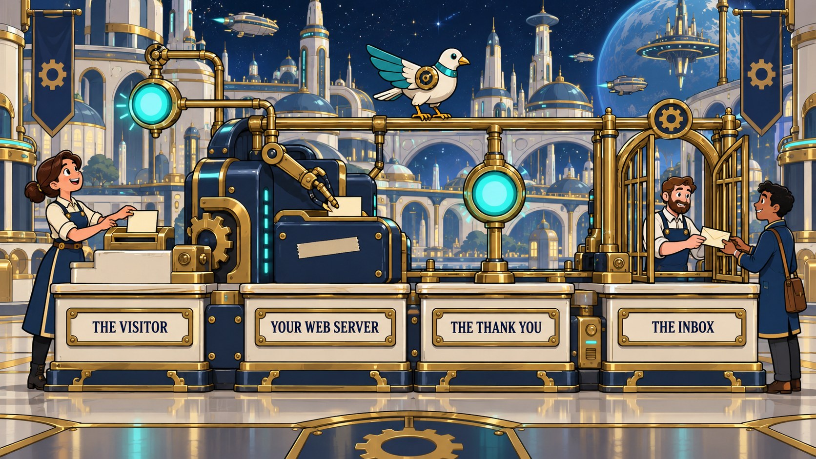 Four labeled stations on one machine: the visitor, your web server, the thank you, and the inbox.