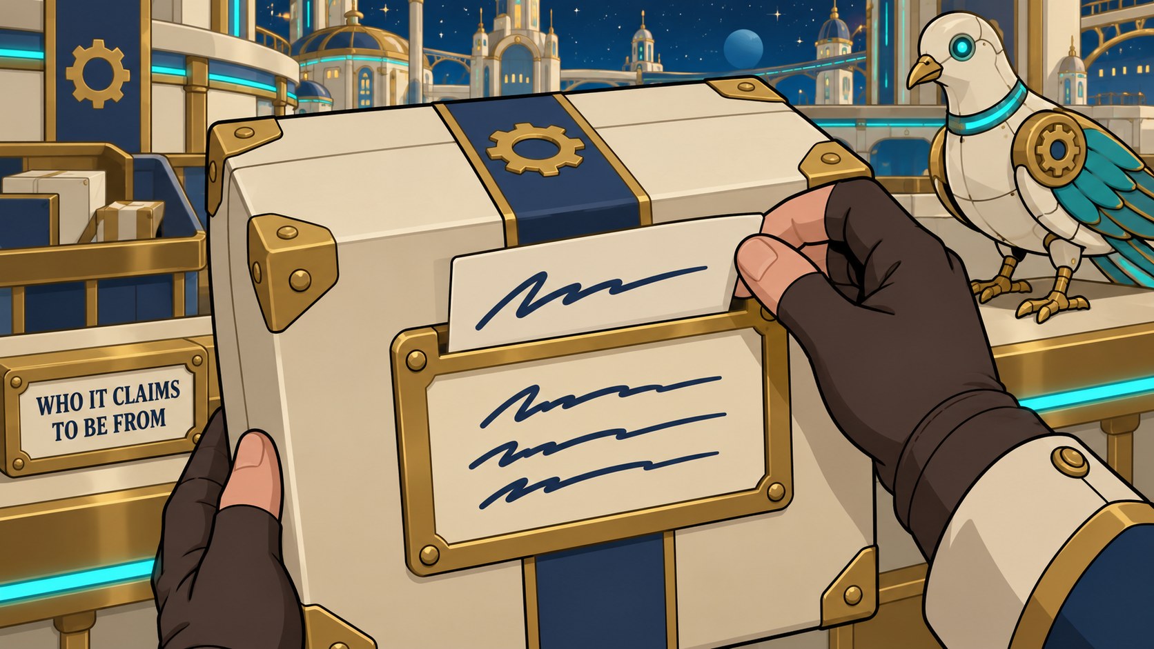 A card slides into a slot on a machine, showing the From line is a claim anyone can write.